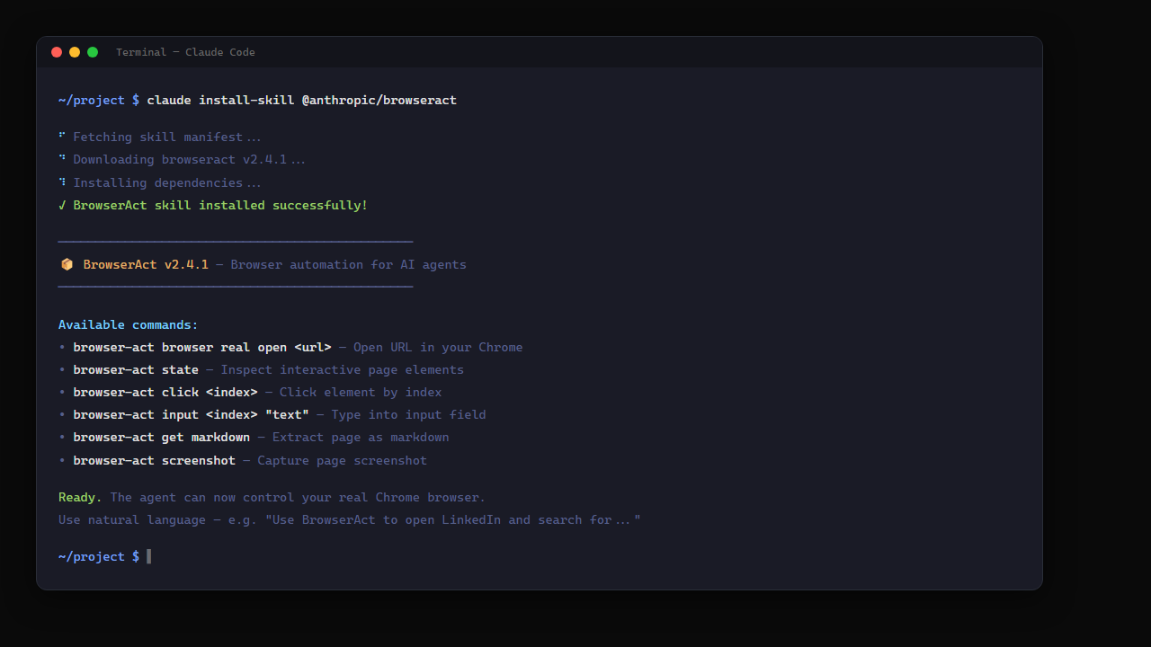 Terminal showing BrowserAct skill installation for social media monitoring setup