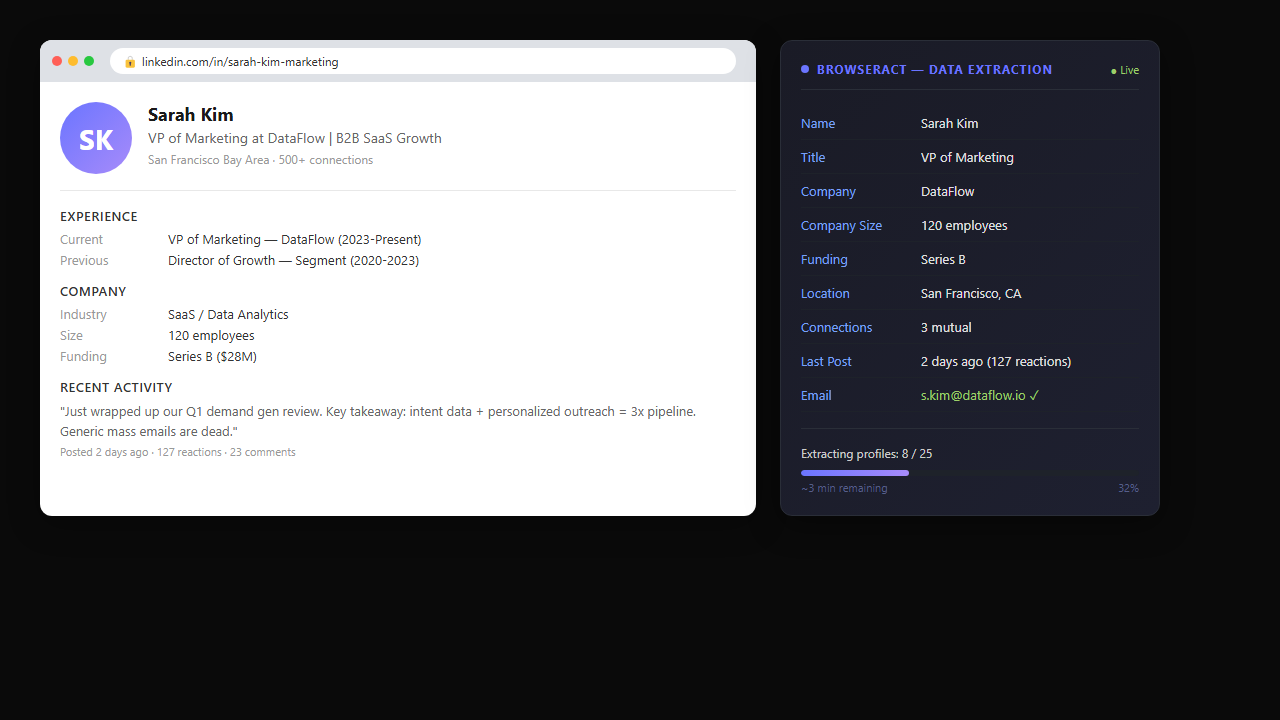 BrowserAct agent extracting social media data from authenticated browser session with data panel