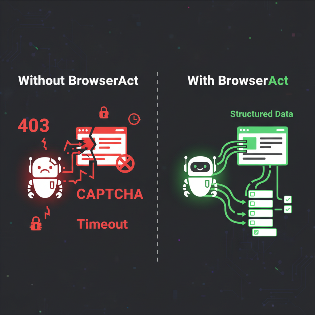 Without BrowserAct vs With BrowserAct — web scraping comparison showing failed vs successful data extraction