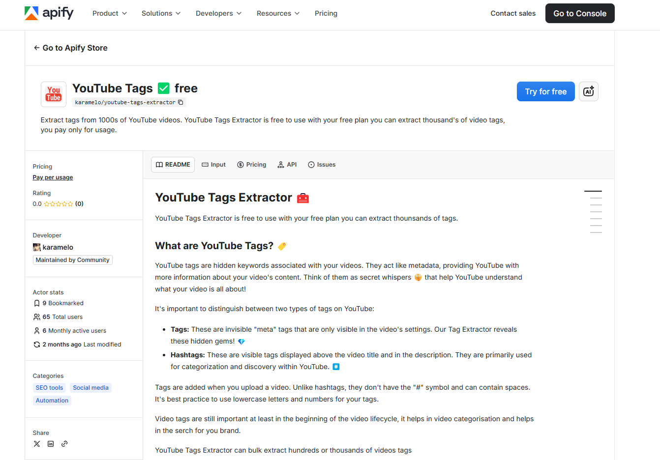 Apify youtube tags extractor