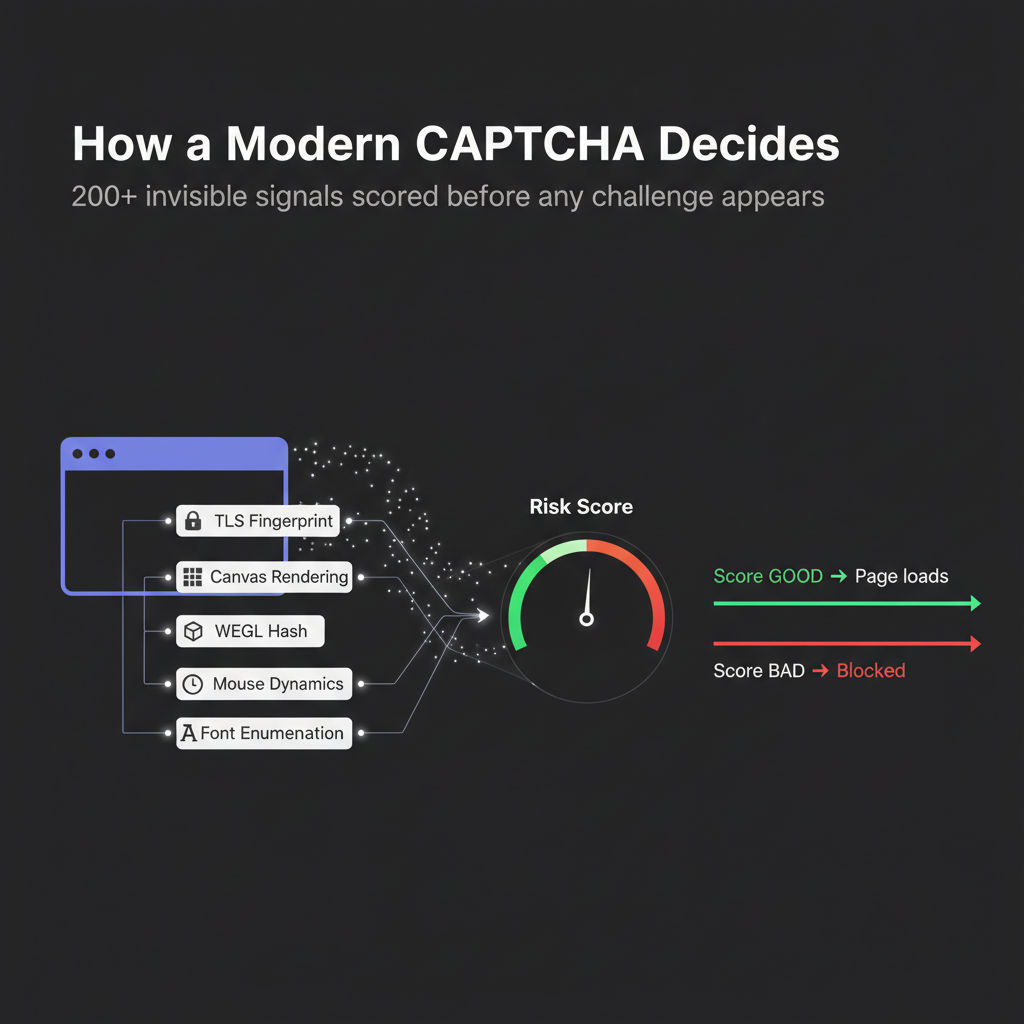 Diagram showing the 200+ invisible signals a 2026 CAPTCHA system evaluates including TLS fingerprint, canvas rendering, mouse movement, and session history