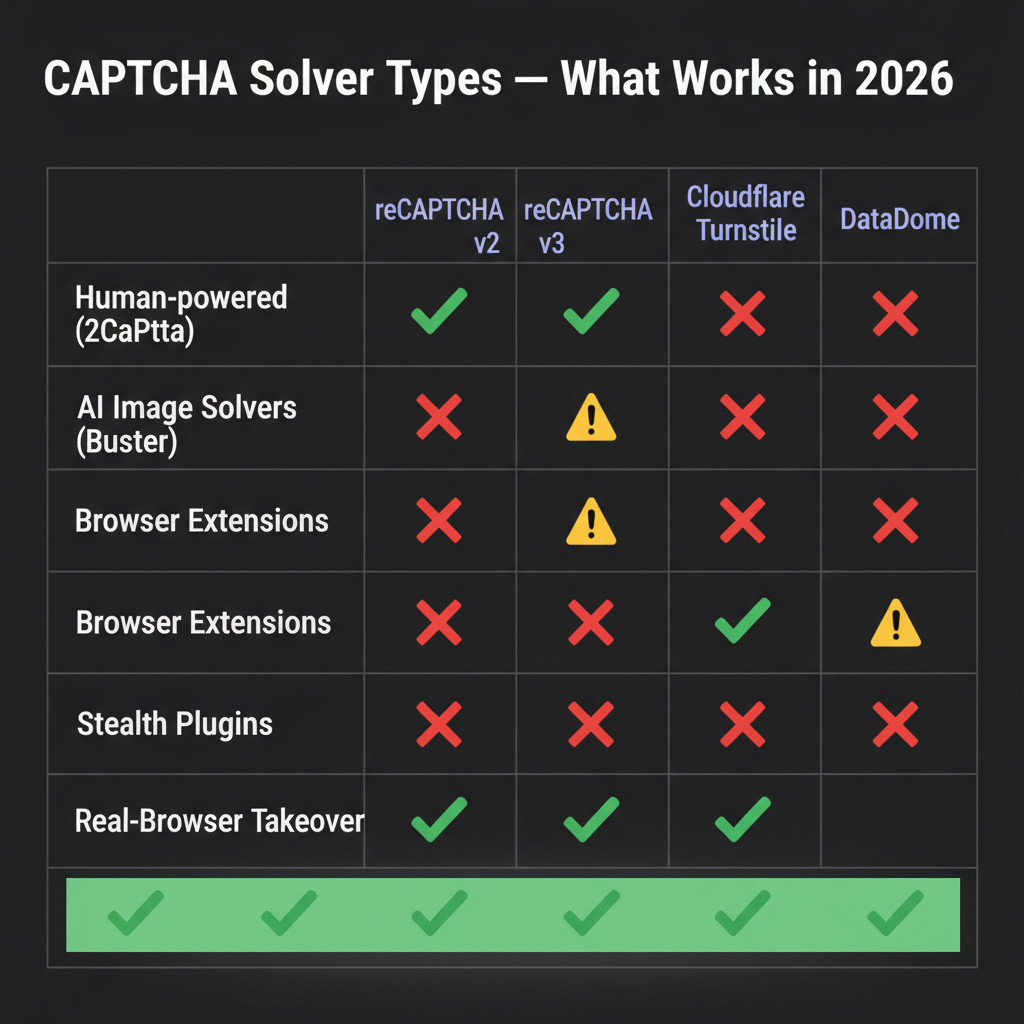 Comparison matrix of five CAPTCHA solver categories showing compatibility with reCAPTCHA v2, reCAPTCHA v3, Cloudflare Turnstile, and DataDome