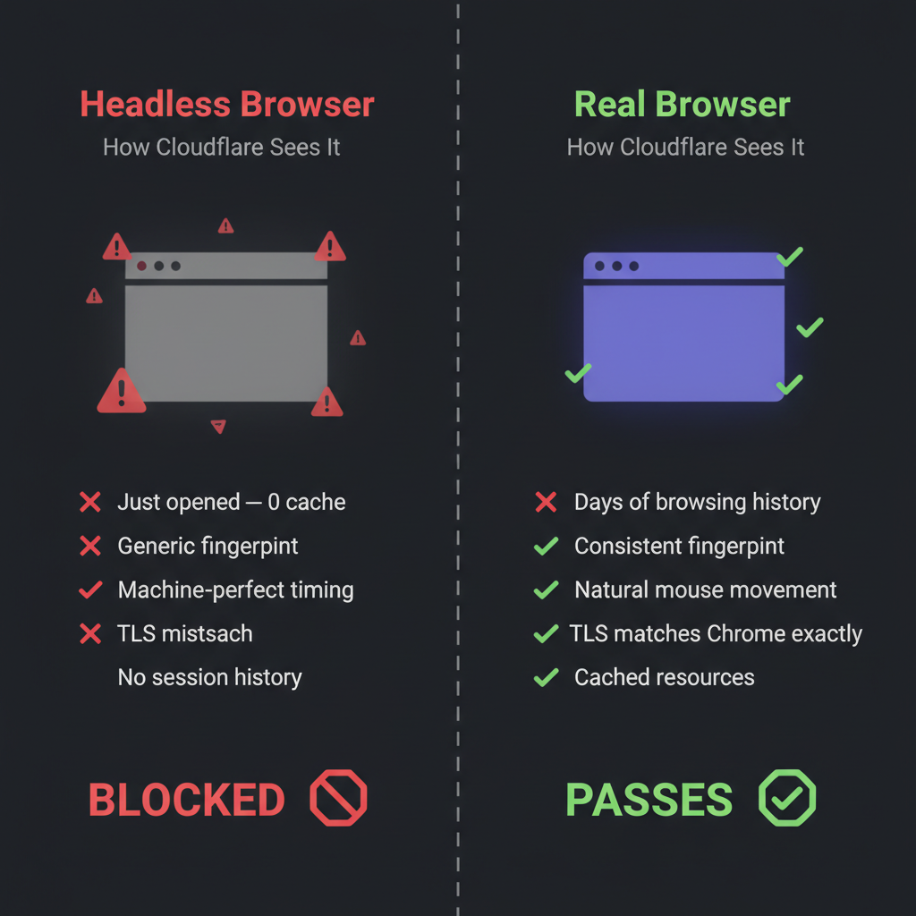Side-by-side comparison of headless Chrome and real browser signals as seen by Cloudflare and DataDome, showing why real browsers pass CAPTCHA checks silently