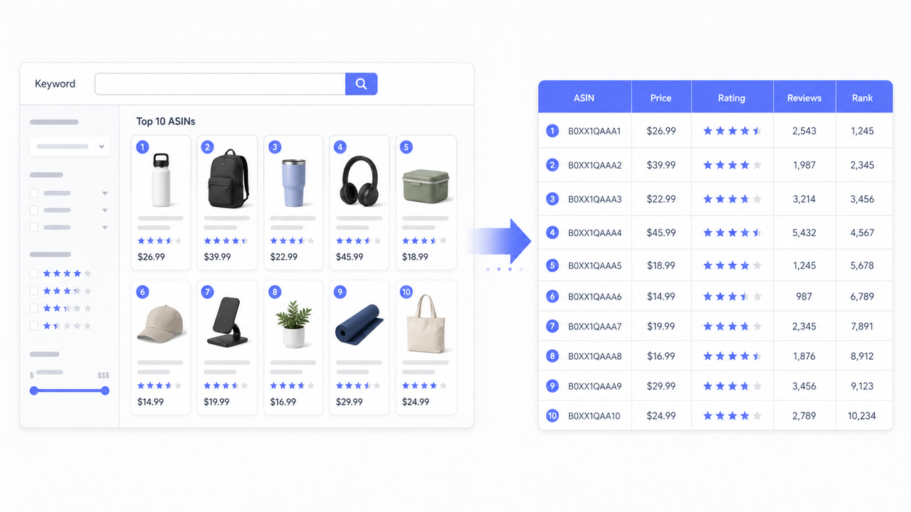 Amazon competitor analysis dashboard showing top 10 ASINs with price, rating, and review data