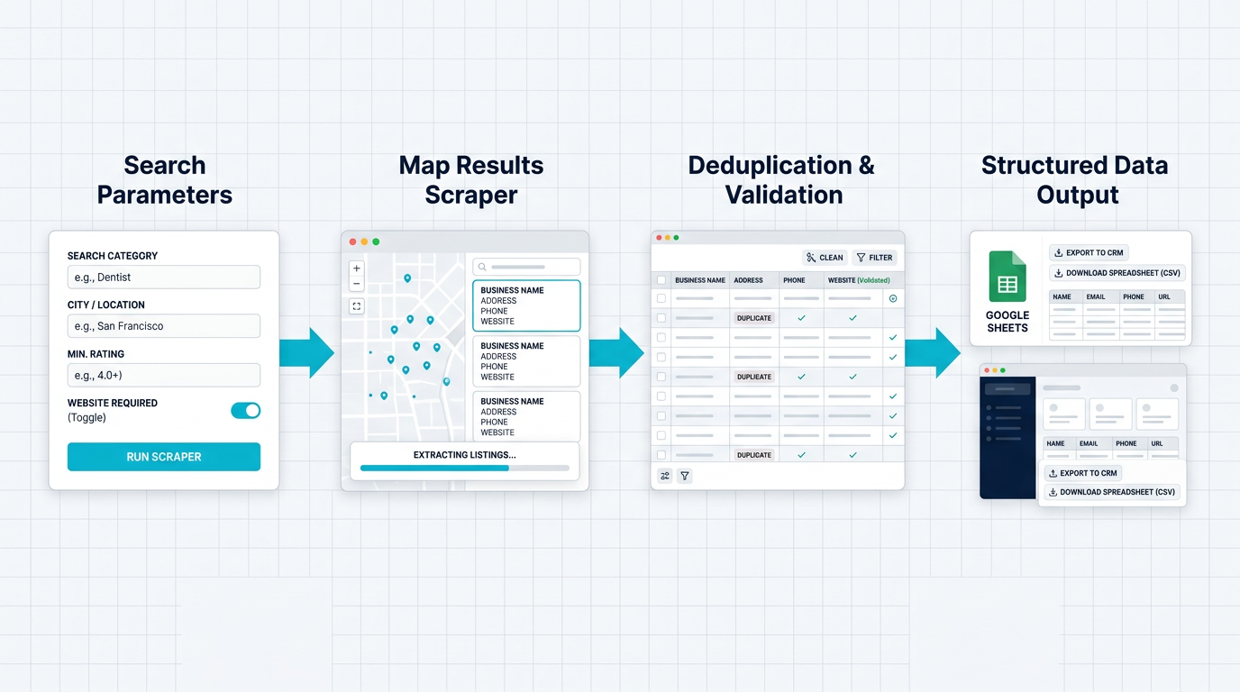 Google Maps scraper workflow from search parameters to structured CRM output