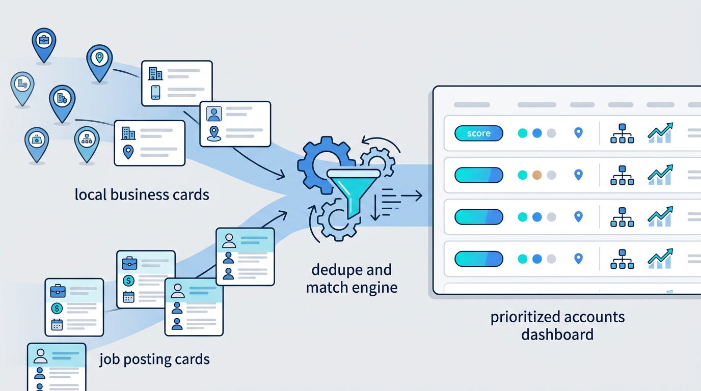 Maps data and job scraping signals merging into a prioritized account intelligence dashboard