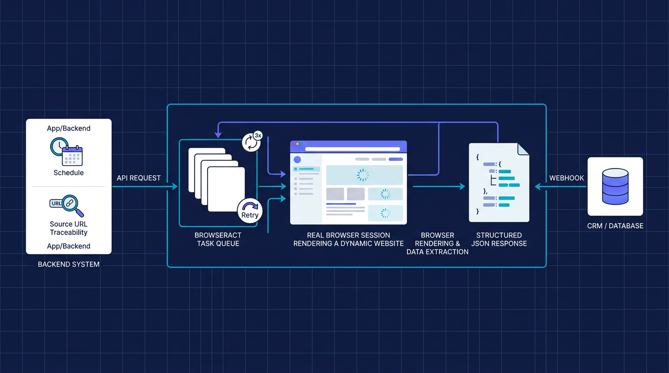 Browser API architecture showing app requests, BrowserAct task queue, real browser rendering, JSON response, and webhooks