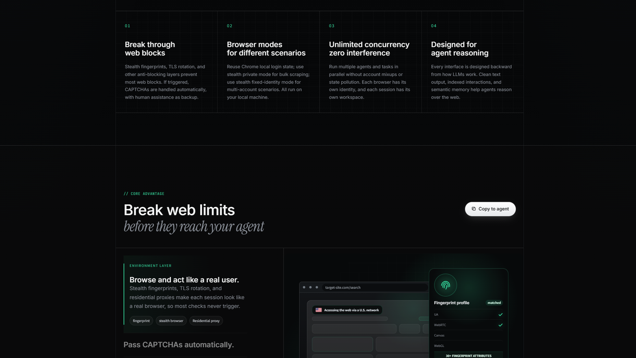 BrowserAct homepage showing stealth fingerprints, residential proxies, CAPTCHA handling, and human assistance for protected-site automation