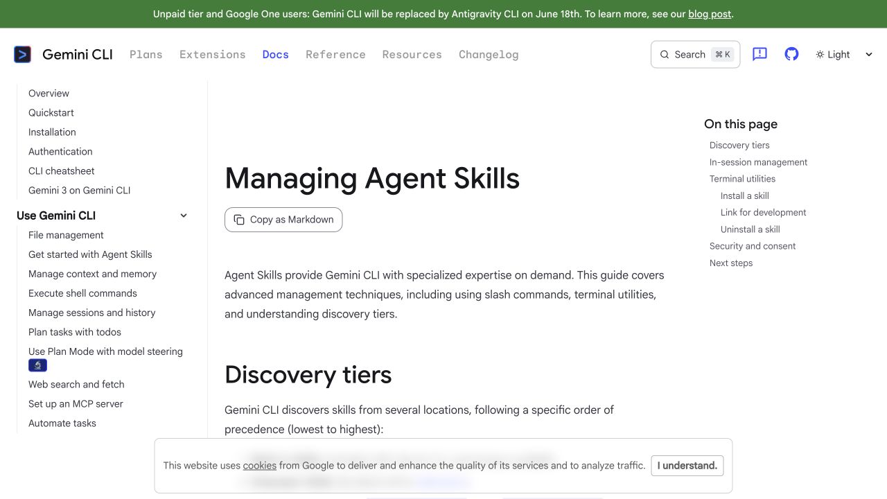 Gemini CLI managing Agent Skills documentation