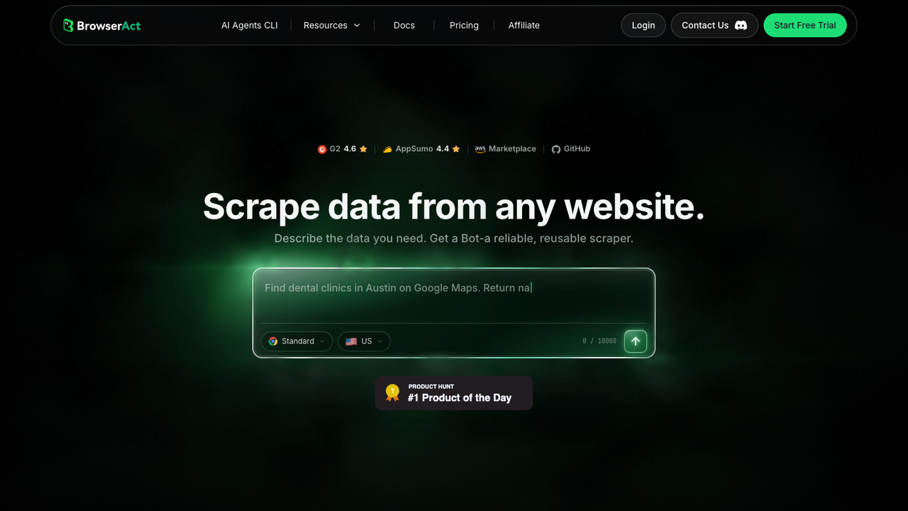 BrowserAct official homepage showing prompt-to-scraper Agent workflow