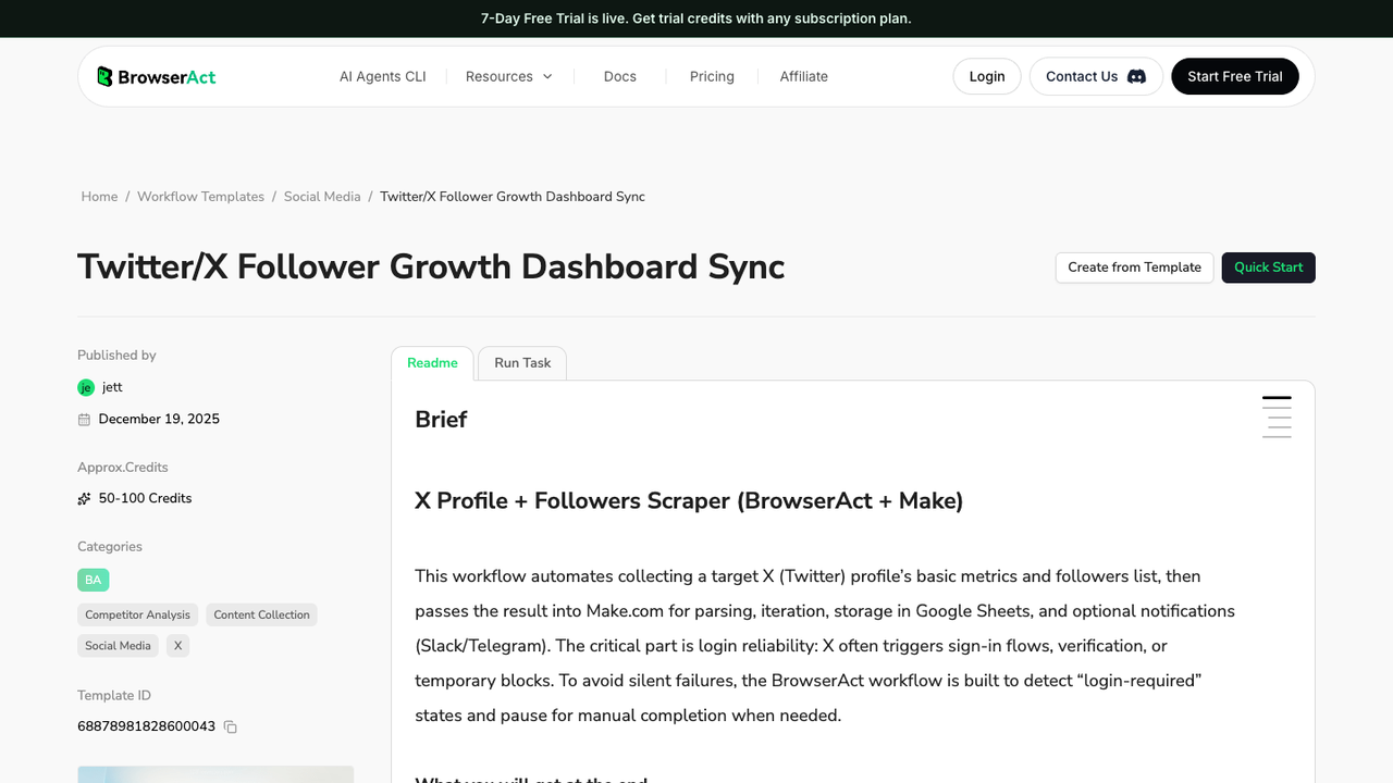 BrowserAct official Twitter/X Follower Dashboard template page