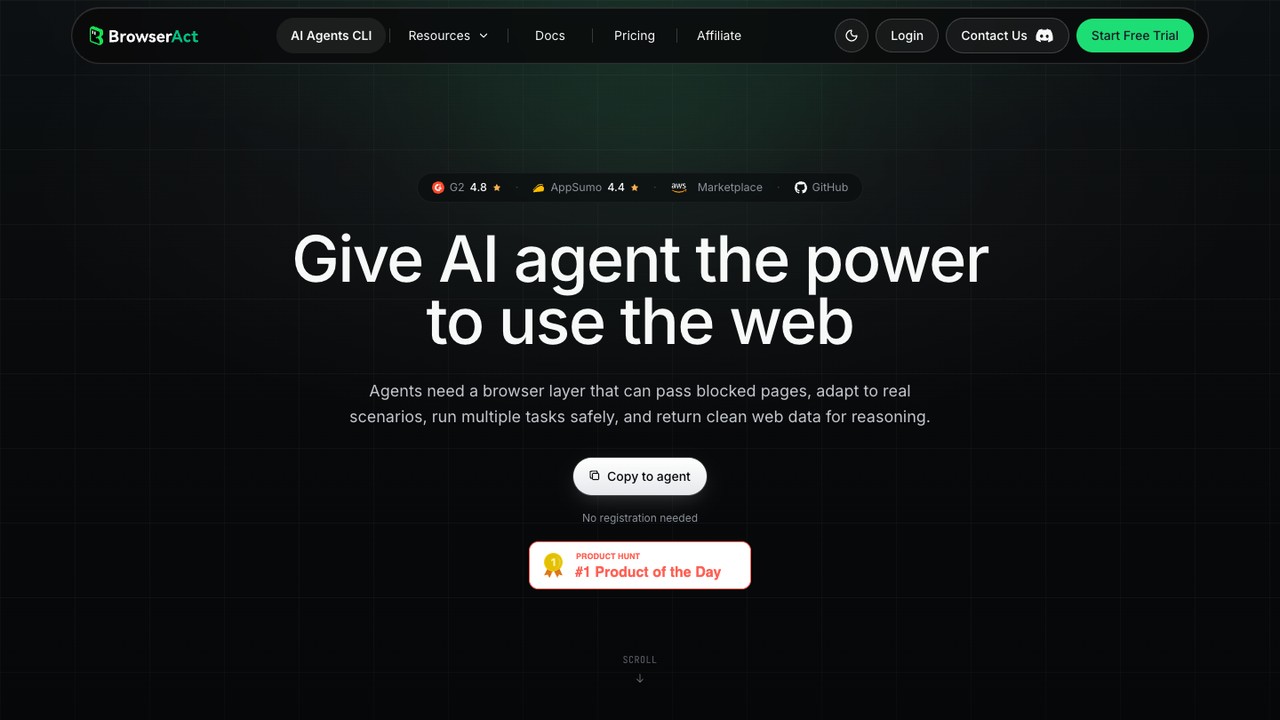 BrowserAct official CLI page for AI agent browser workflows