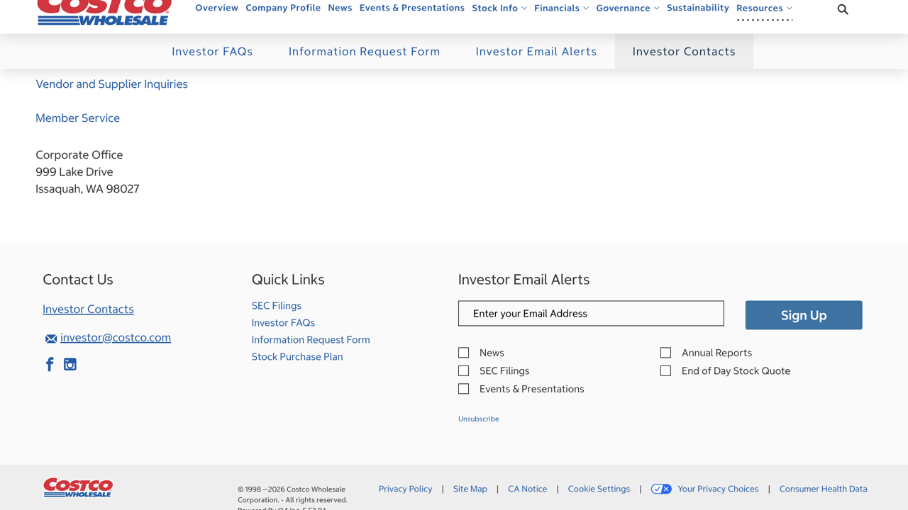 Official Costco Investor Contacts page showing the corporate office at 999 Lake Drive, Issaquah, Washington