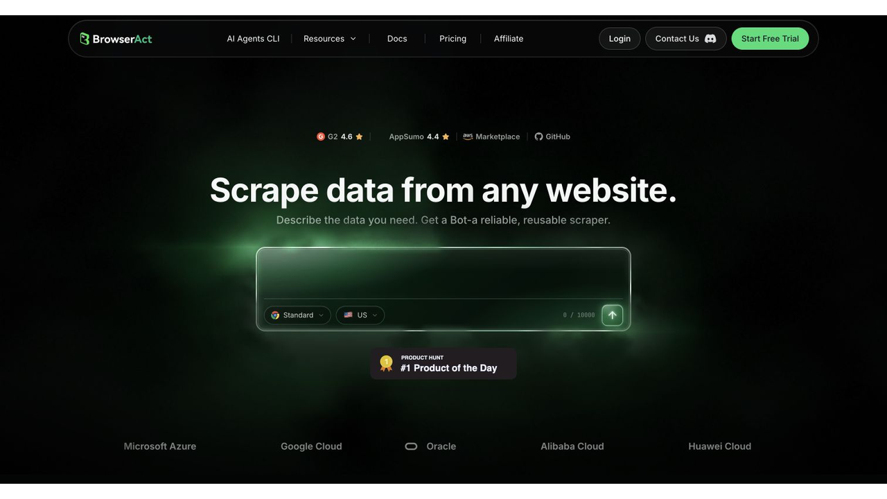 Official BrowserAct homepage showing prompt-built reusable web scrapers