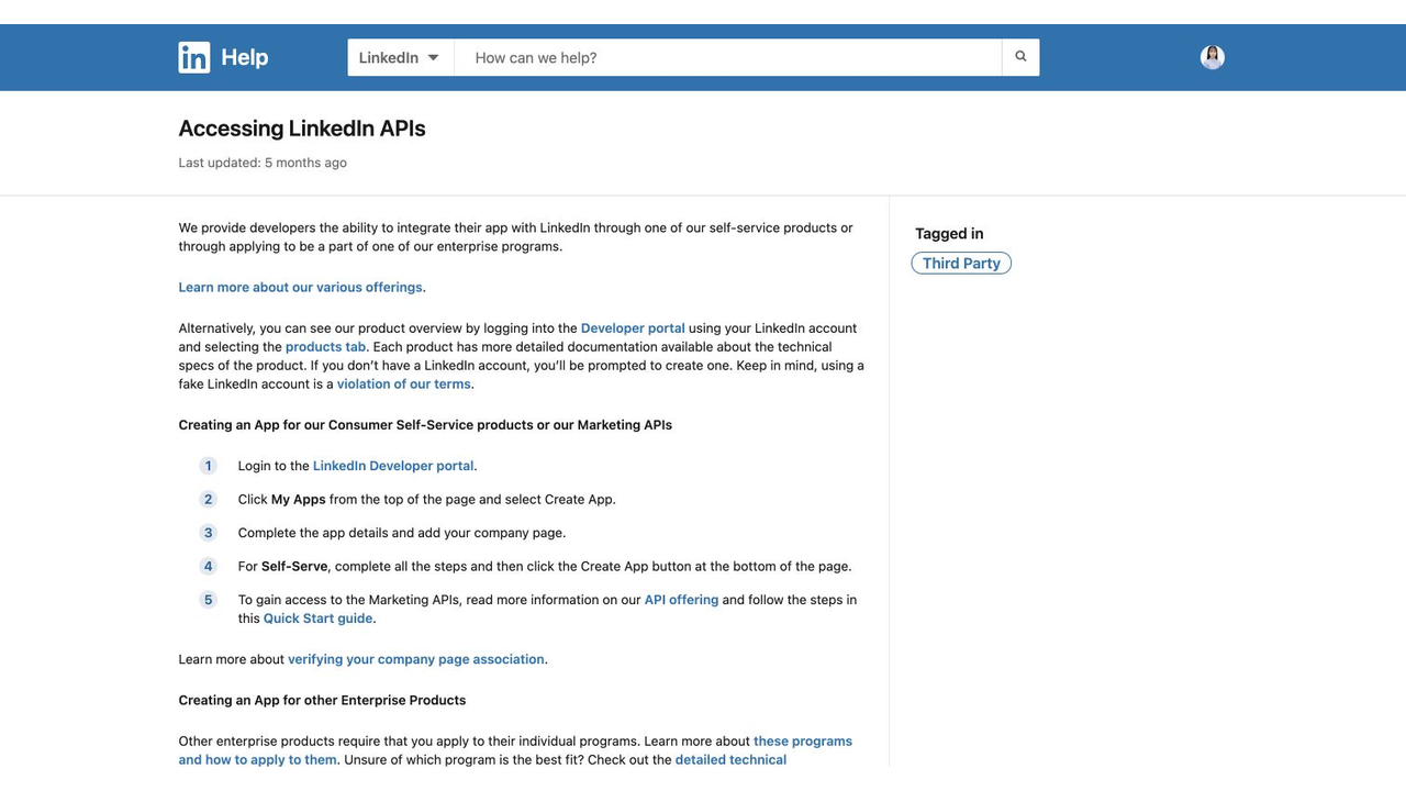 Official LinkedIn Help page for accessing LinkedIn APIs