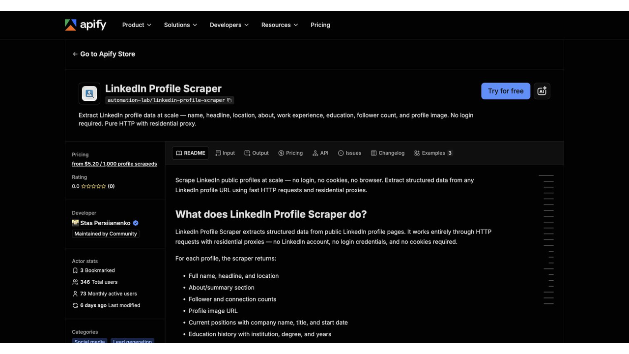 Official Apify LinkedIn Profile Scraper Actor page