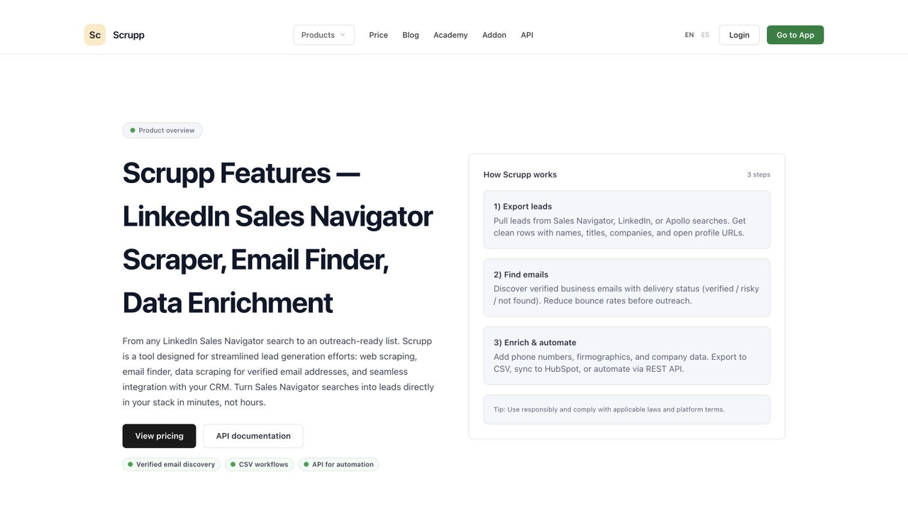 Official Scrupp features page for Sales Navigator export and enrichment