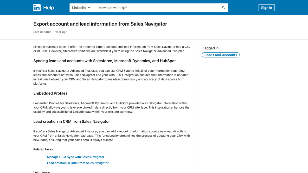 Official LinkedIn Help page explaining Sales Navigator account and lead export limits
