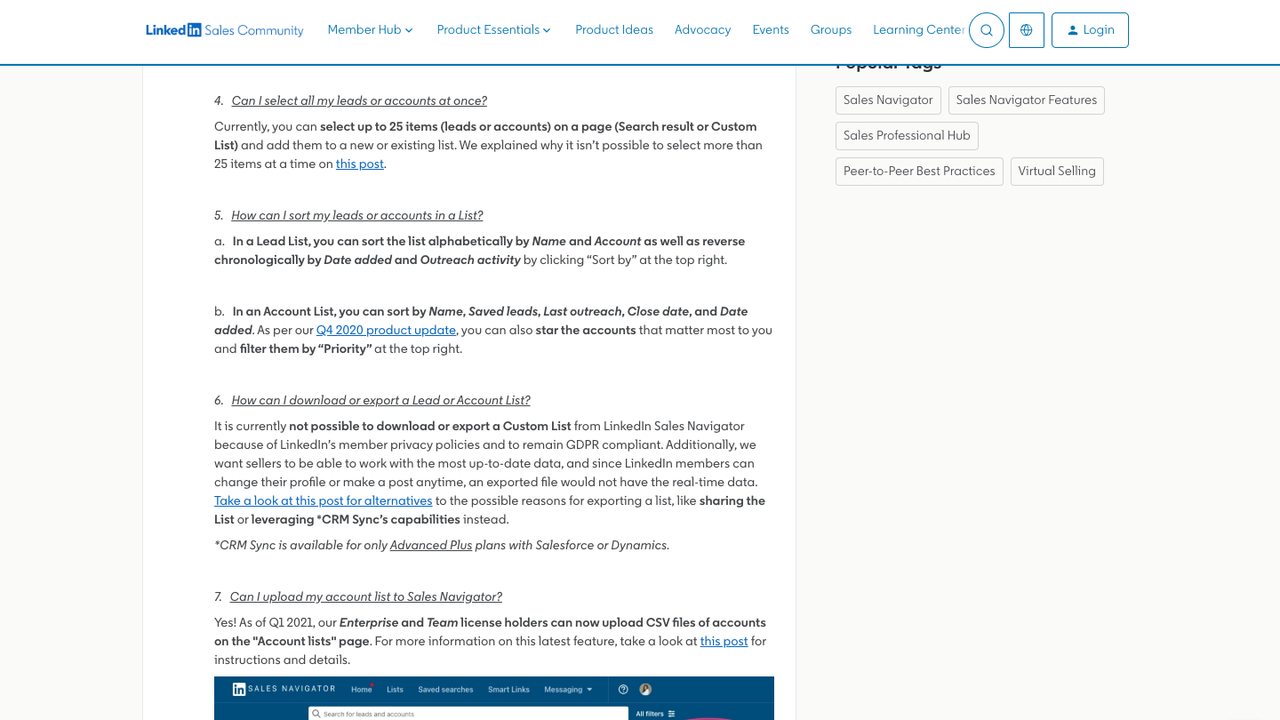 LinkedIn Sales Community FAQ showing Custom List download and export limitations