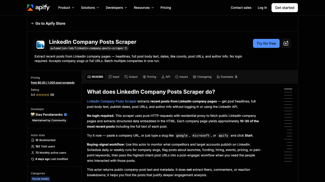 Official Apify company posts scraper page showing company post extraction fields and workflow