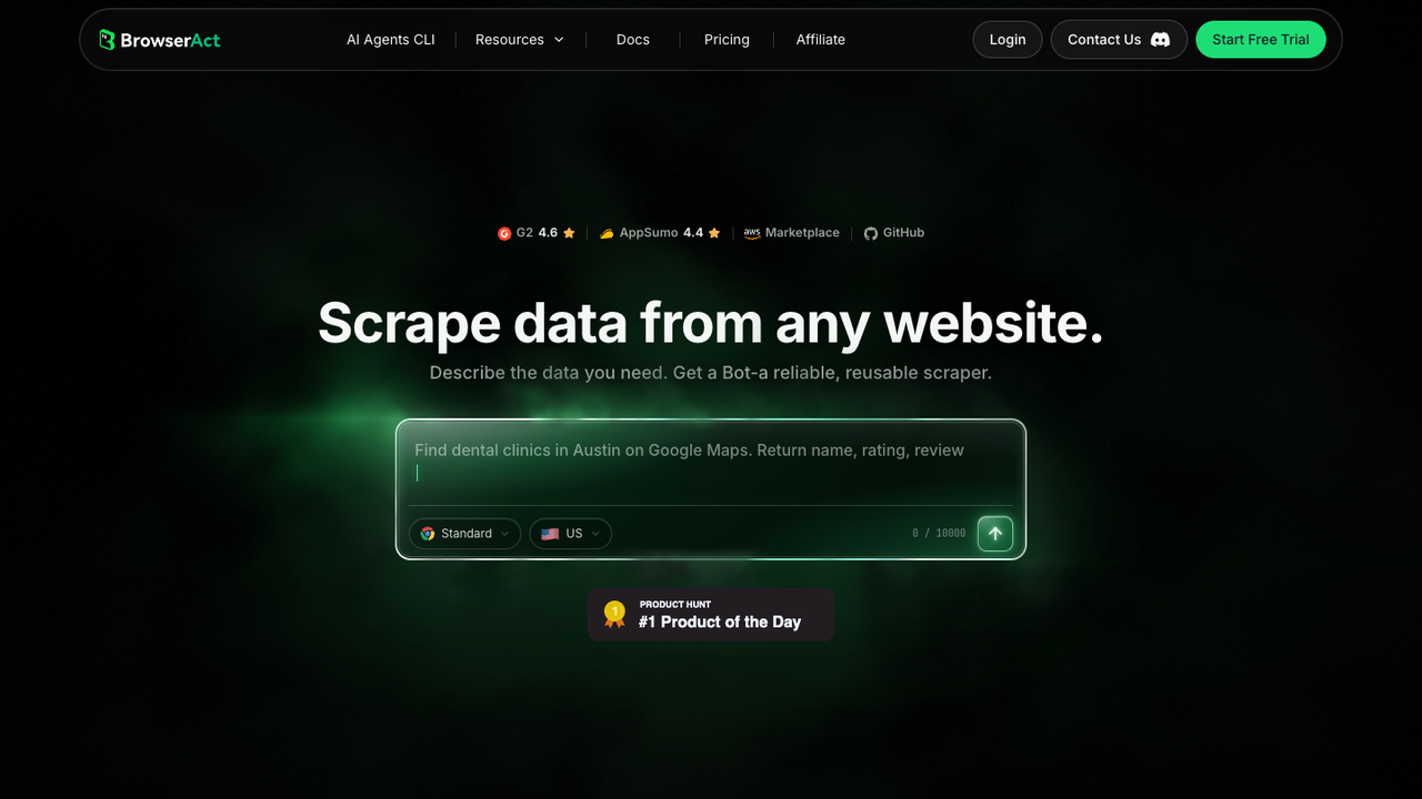 Official BrowserAct homepage showing prompt-led browser automation for data extraction