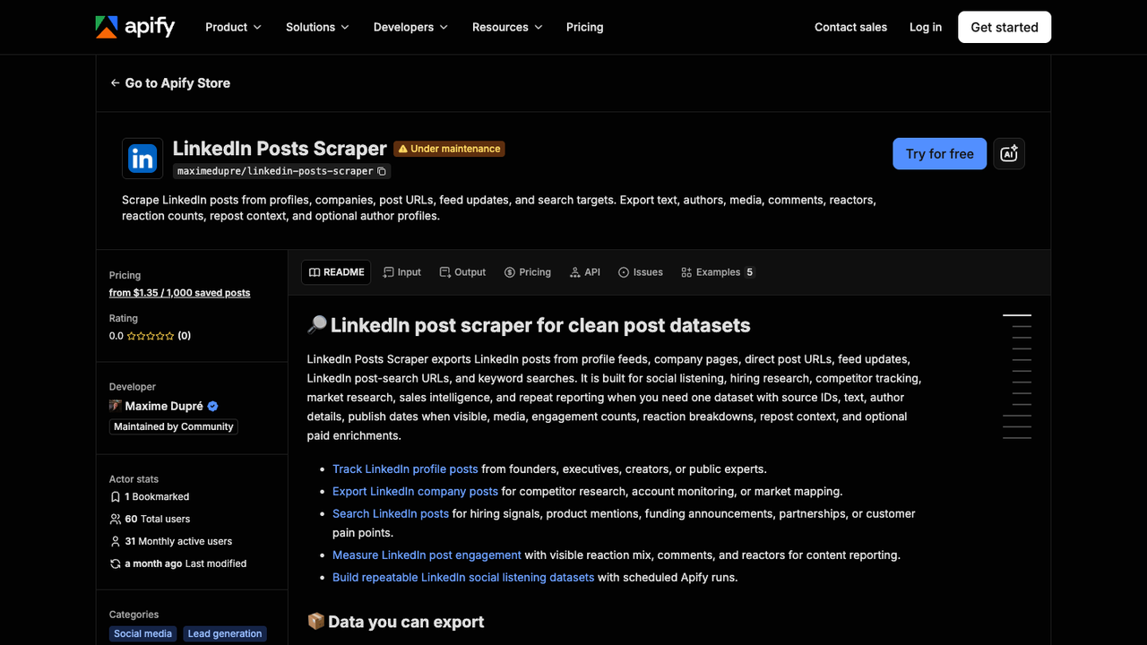 Official Apify LinkedIn Posts Scraper page showing mixed LinkedIn post targets and output scope