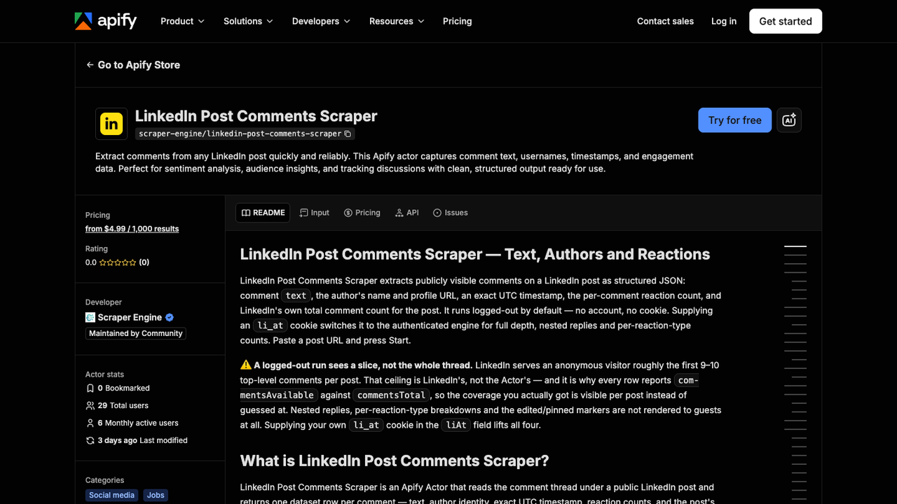 Official Apify LinkedIn Post Comments Scraper page showing comment text, authors, reactions, and thread limits