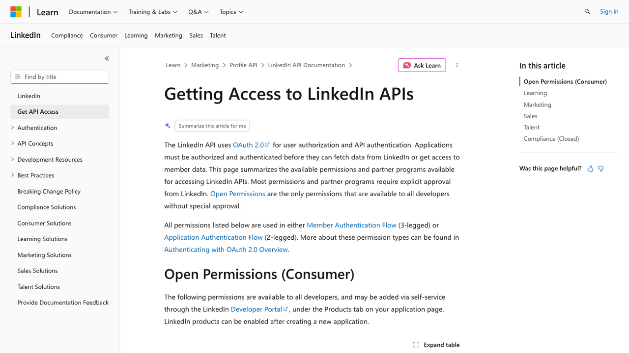 Official Microsoft Learn page explaining LinkedIn API access, OAuth, open permissions, and approval requirements