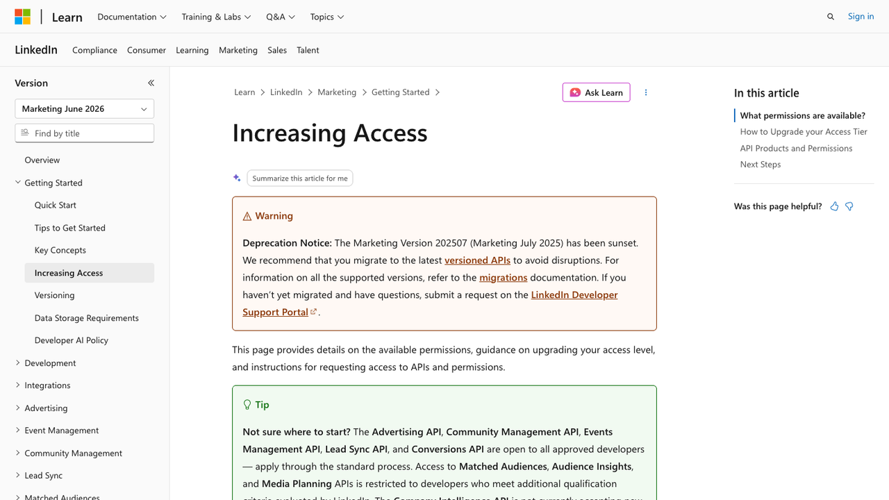 Official Microsoft Learn page explaining LinkedIn Marketing API access, open-to-approved products, restricted programs, and access tiers