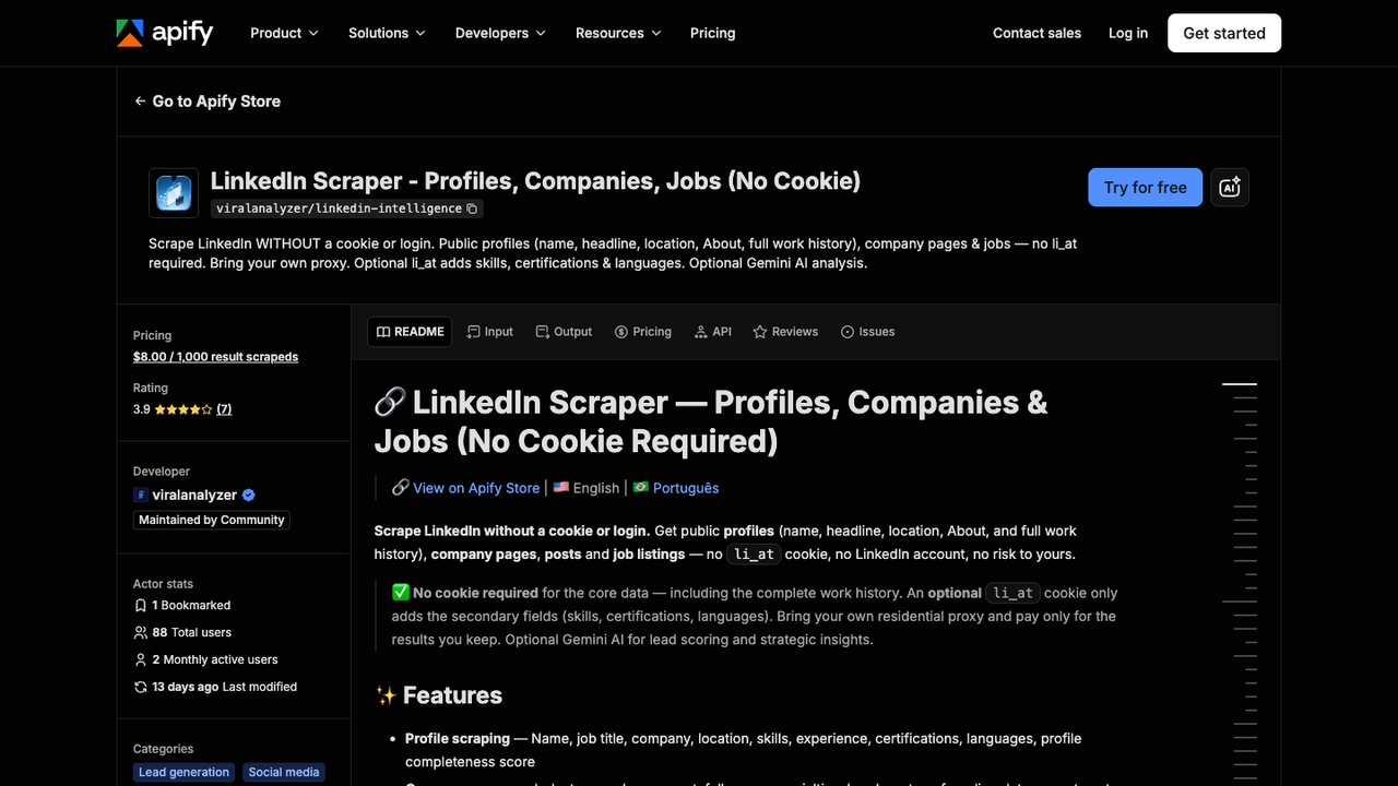 Official Apify no-cookie LinkedIn scraper page showing public profiles, company pages, jobs, and no li_at cookie requirement