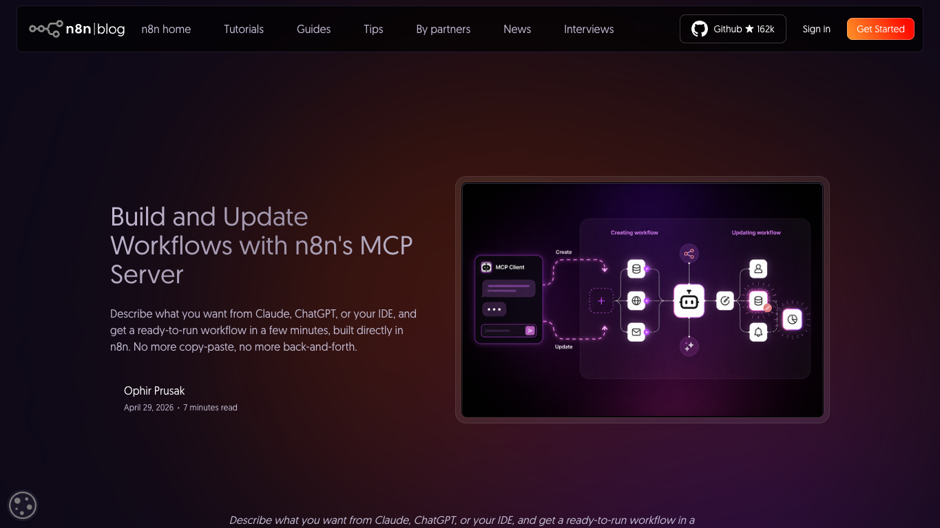 Official n8n MCP server page showing prompt-to-workflow automation