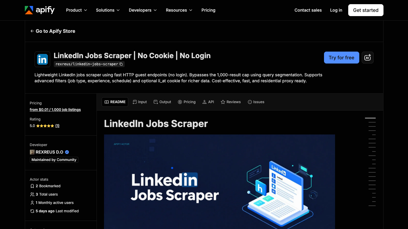Official Apify LinkedIn Jobs Scraper actor page showing no-cookie and no-login positioning