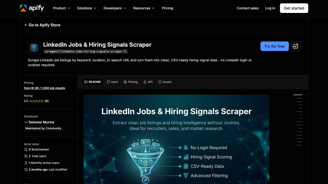 Official Apify LinkedIn Jobs and Hiring Signals Scraper page showing hiring signal scoring and CSV-ready data