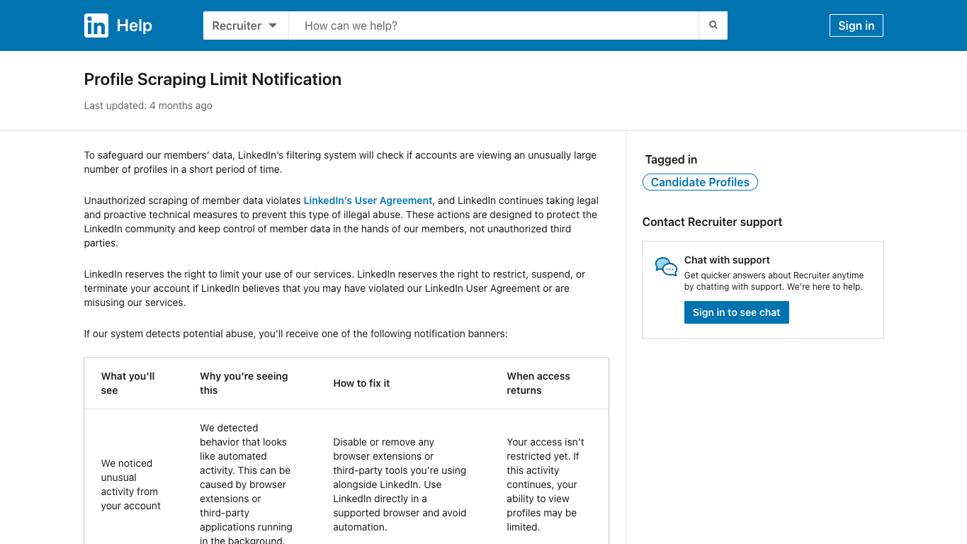 Official LinkedIn Help page showing Profile Scraping Limit Notification guidance in English