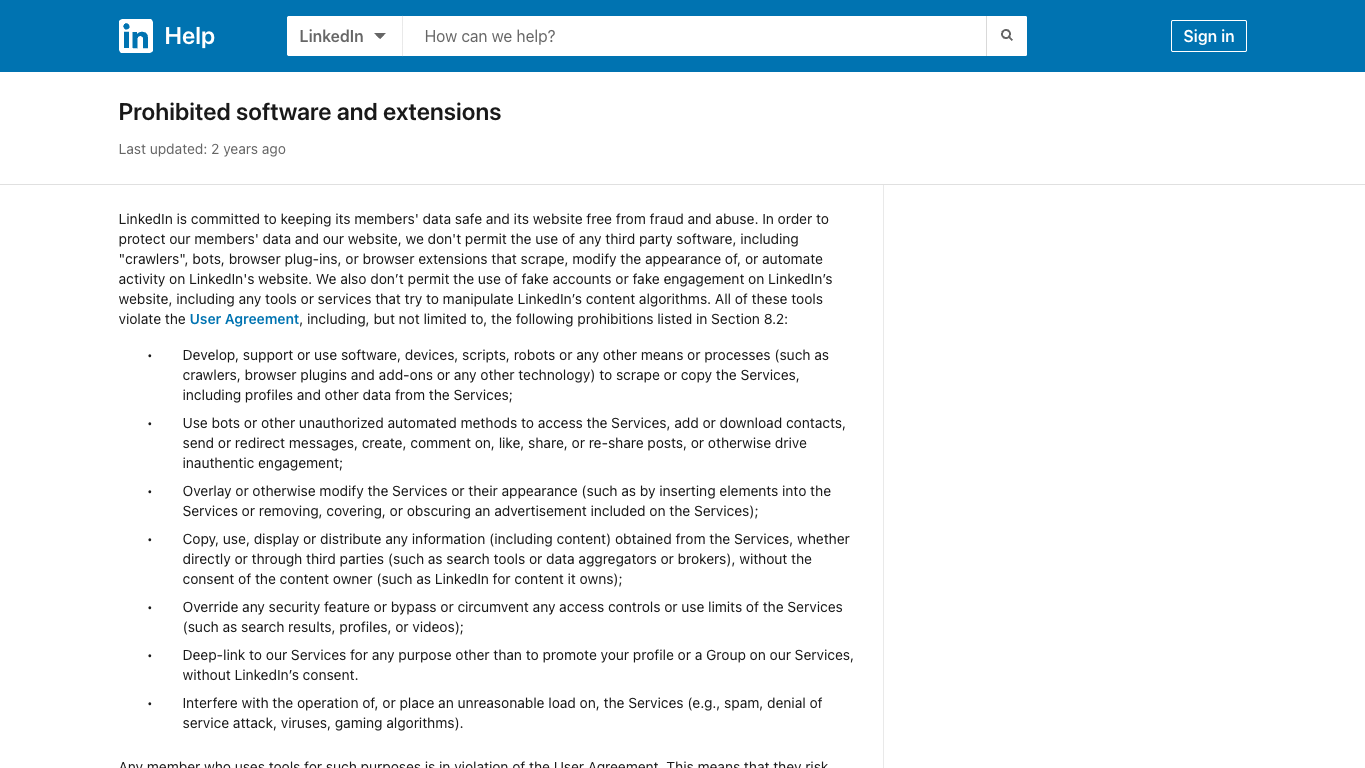 Official LinkedIn Help page showing prohibited software and extensions in English