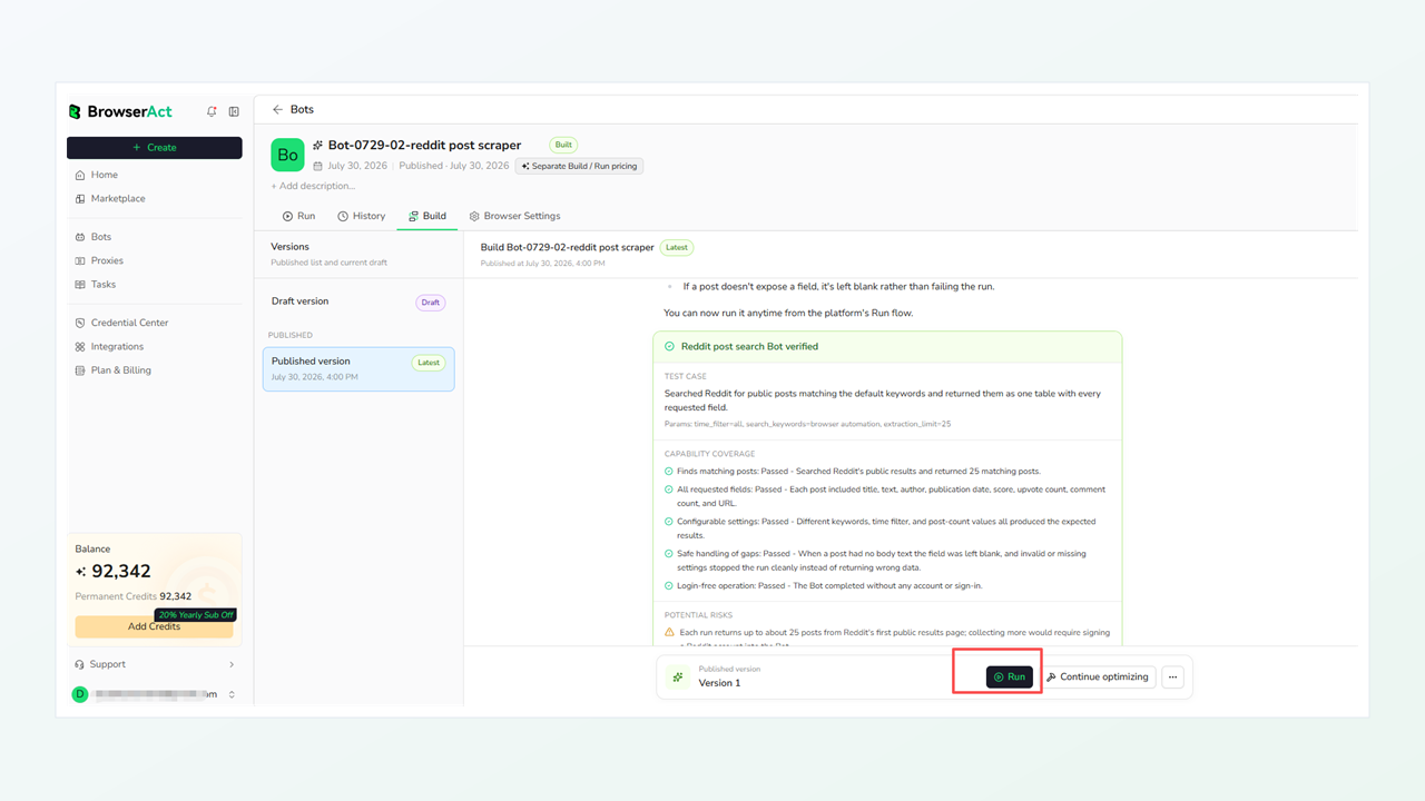 Run the published Reddit post scraper Bot in BrowserAct