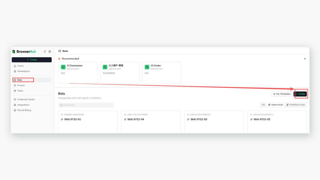BrowserAct Bots menu with the Create entry