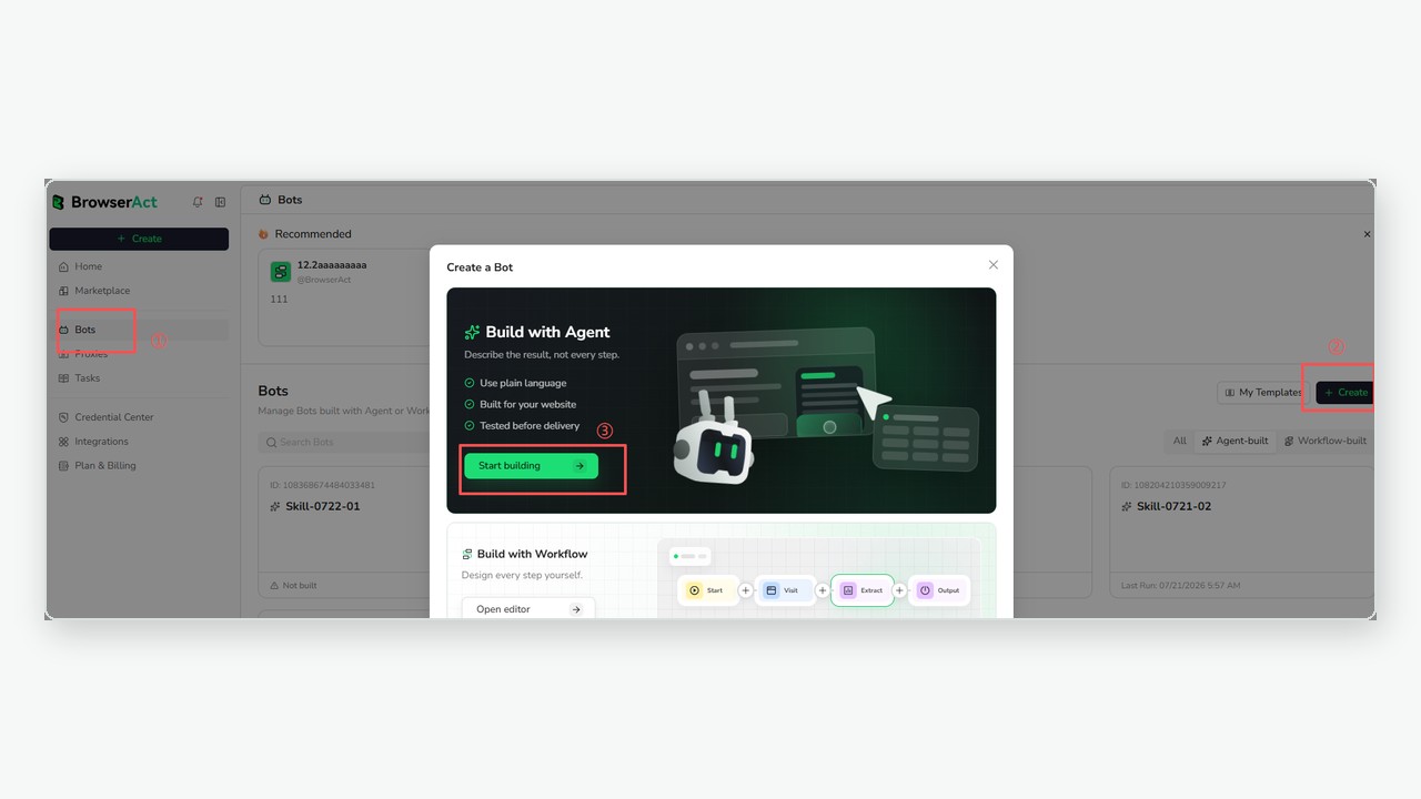Build with Agent option in the Create a Bot dialog