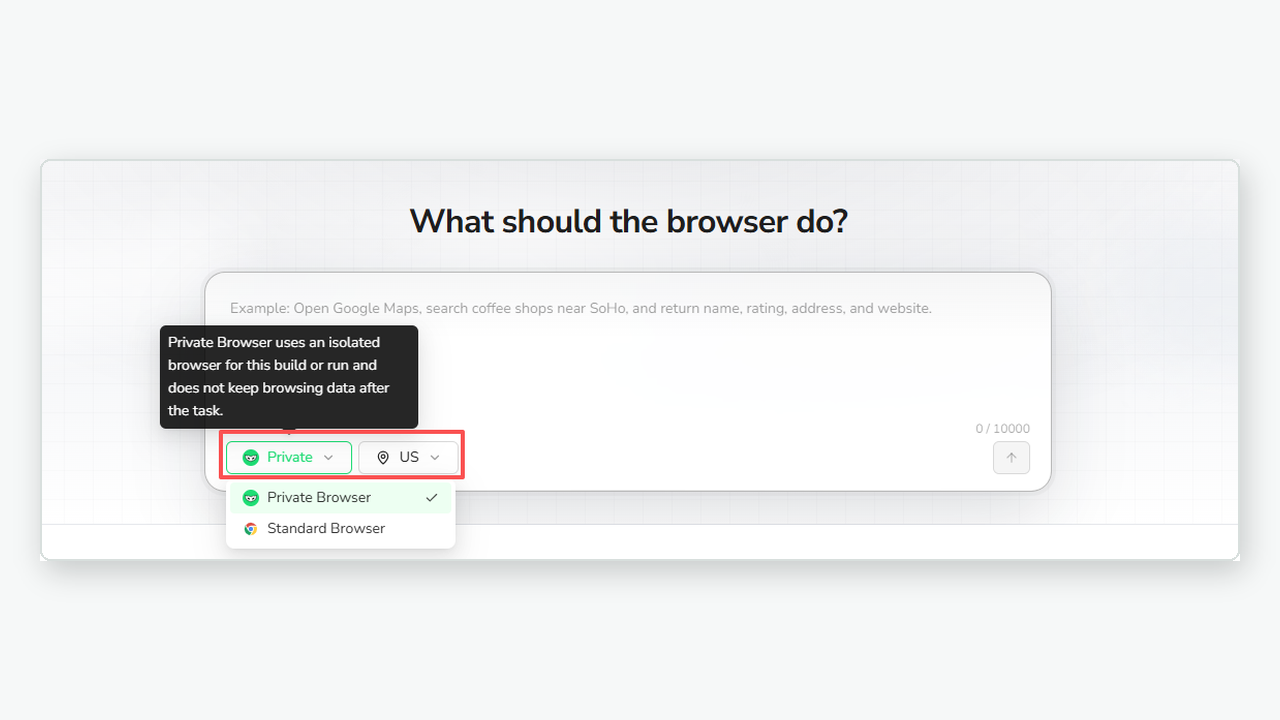 Browser mode and proxy region selectors in BrowserAct