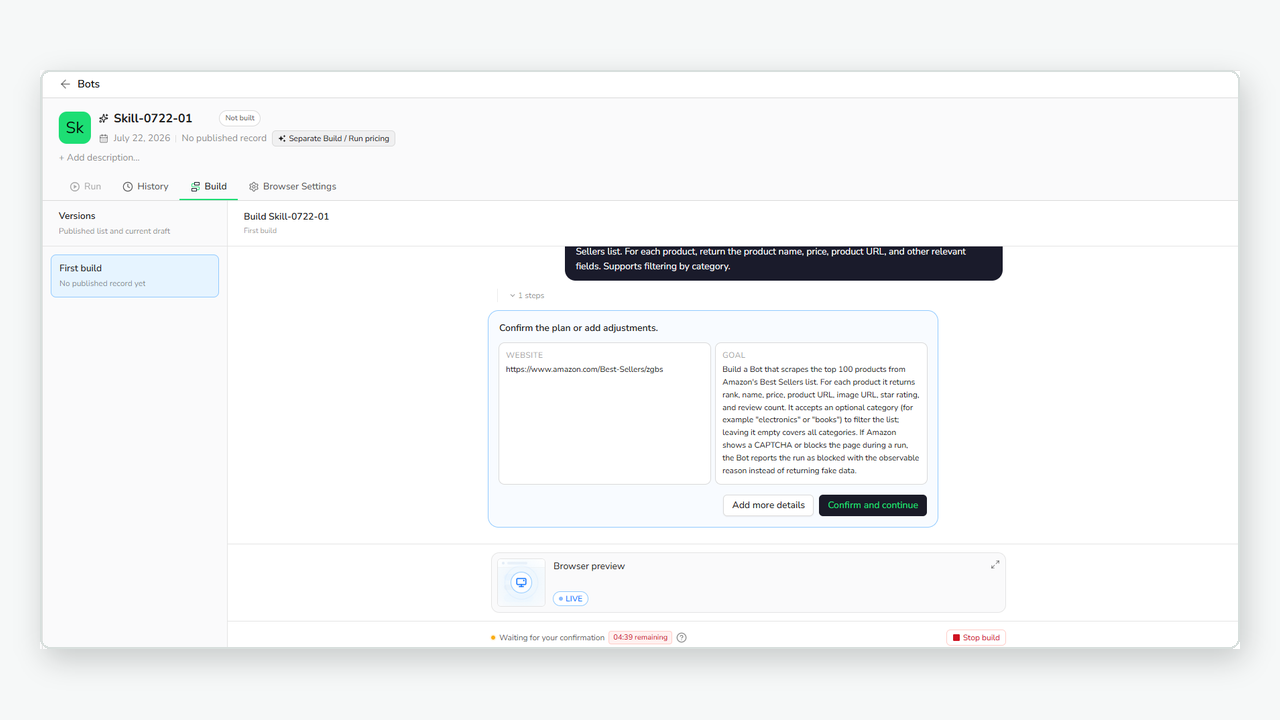 BrowserAct confirming the Build plan before exploration