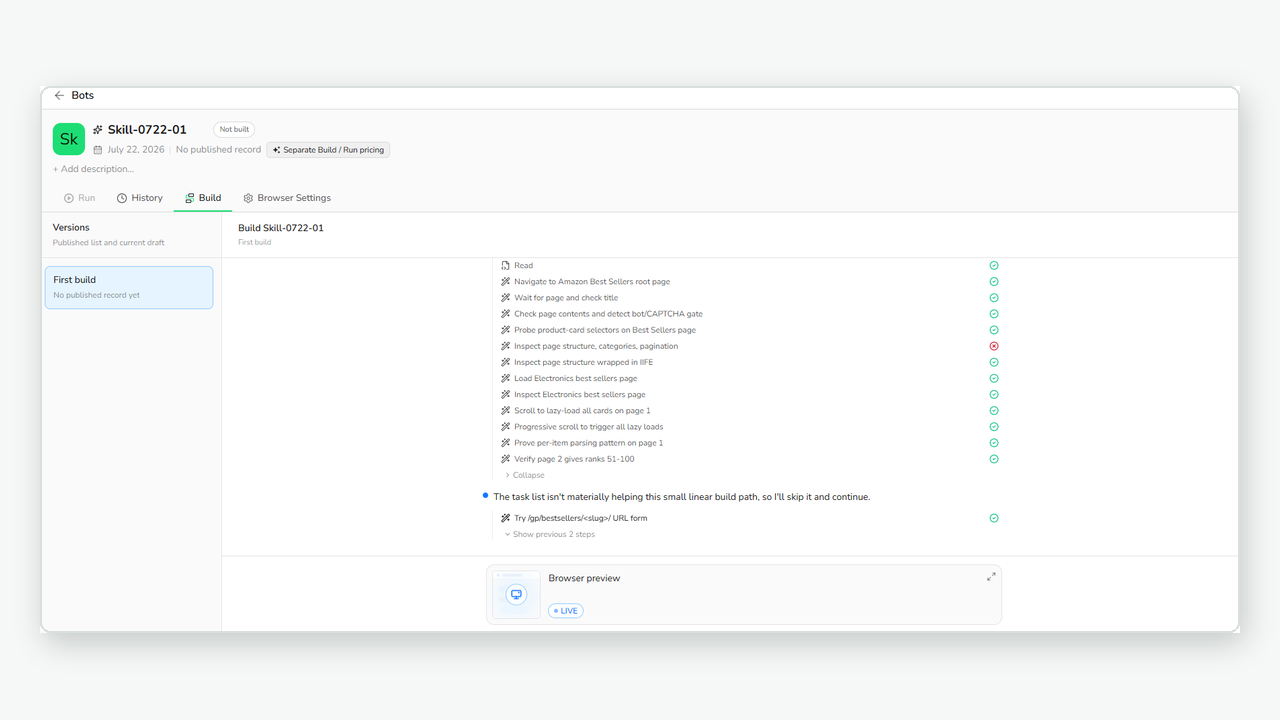 BrowserAct showing live Build progress and extracted fields