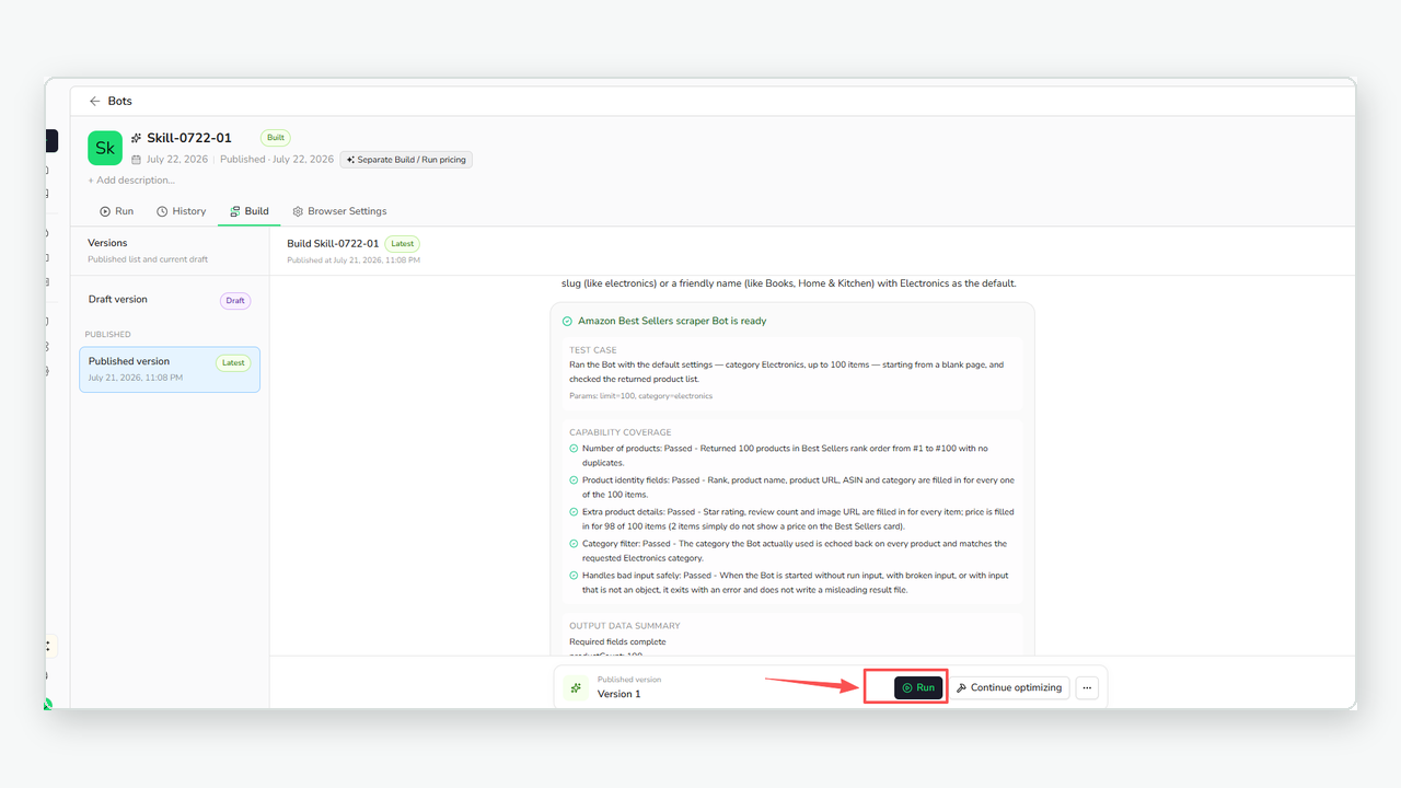 Run view for a published BrowserAct Bot