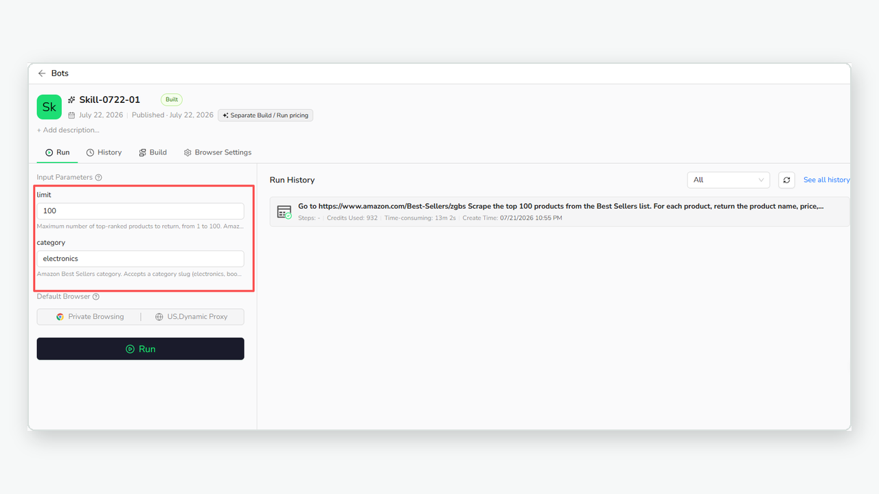 Run input parameters for a BrowserAct Bot