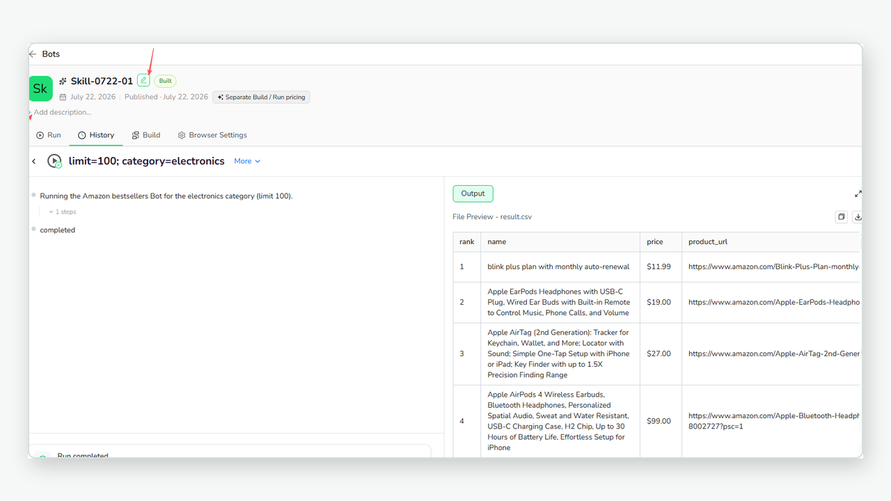 Structured results returned from a BrowserAct Bot run