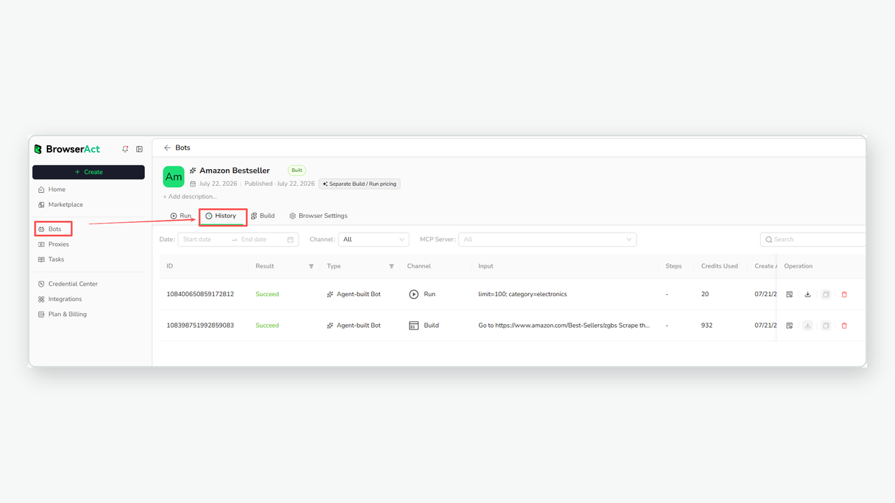 Build and Run history for a BrowserAct Bot