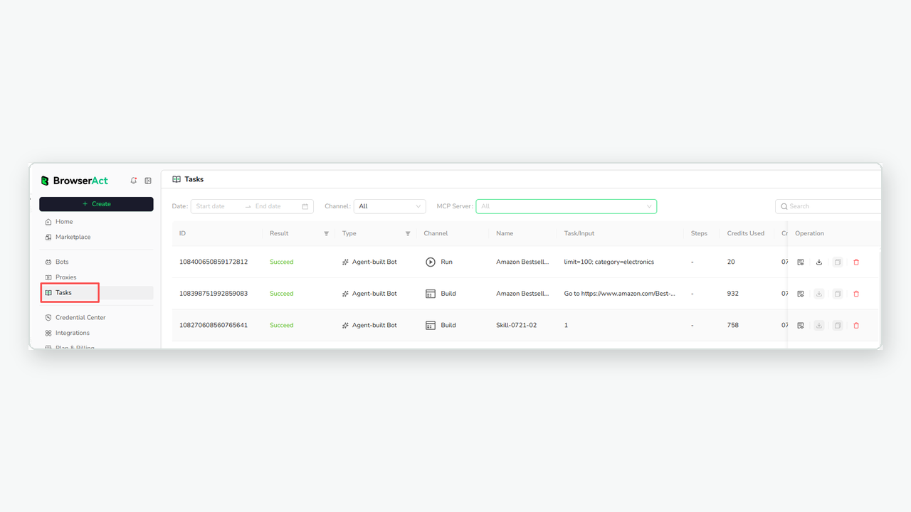 Tasks view showing Bot task records
