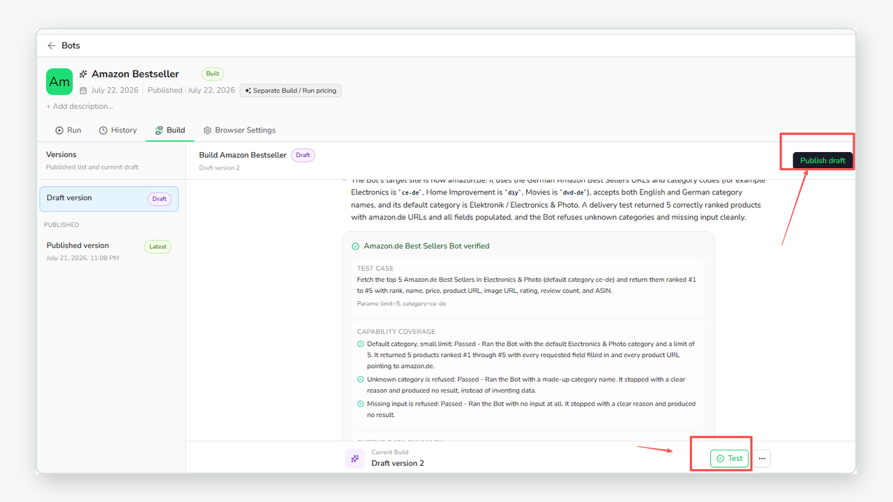 Test and Publish draft controls for an updated Bot