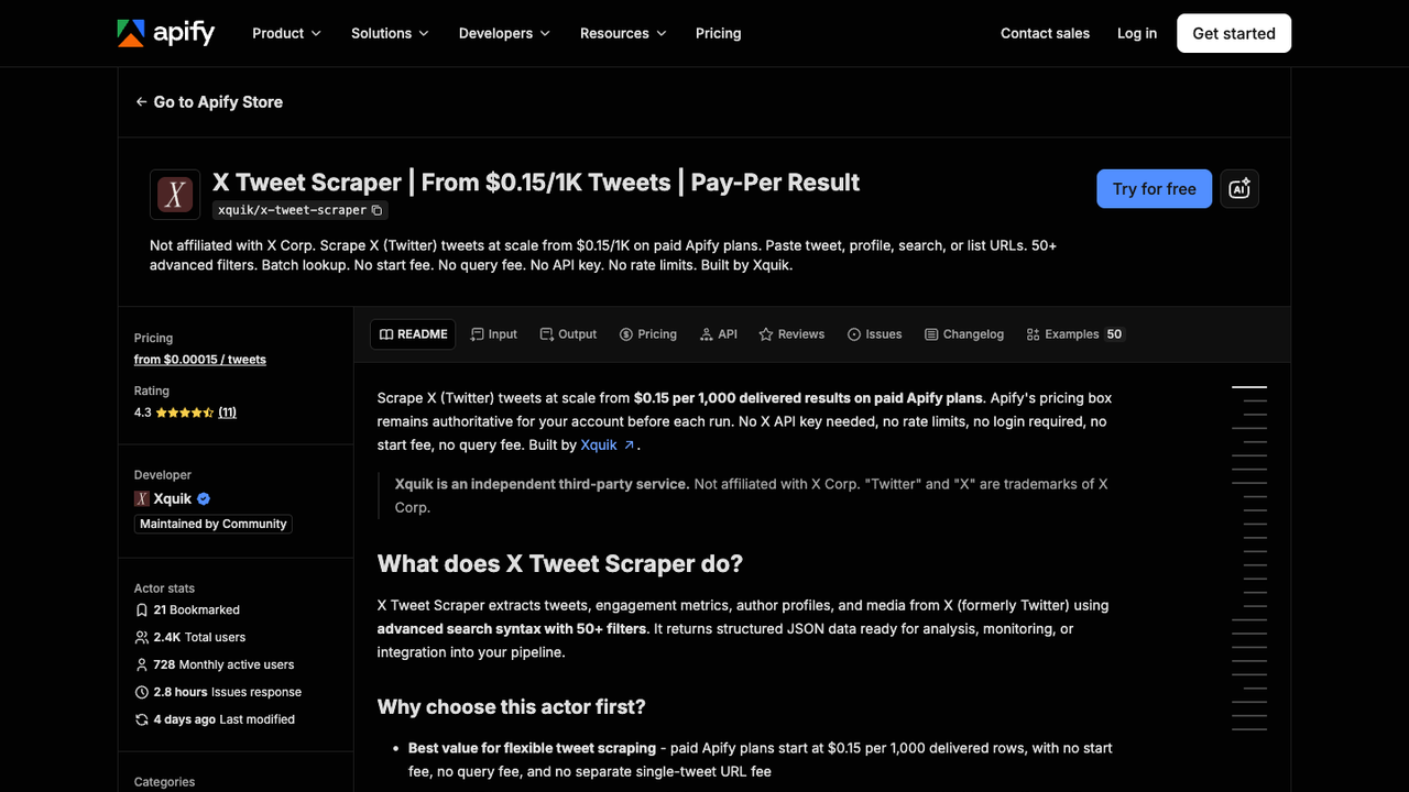 Apify Tweet Scraper official actor page showing no-login and no-API-key positioning