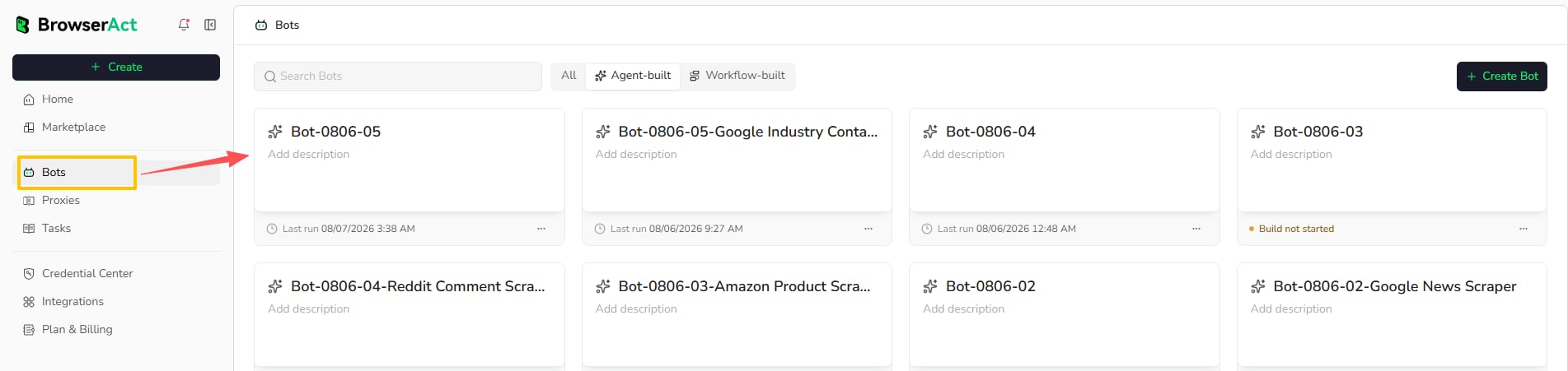 Select an Agent Built Bot from the Bots page