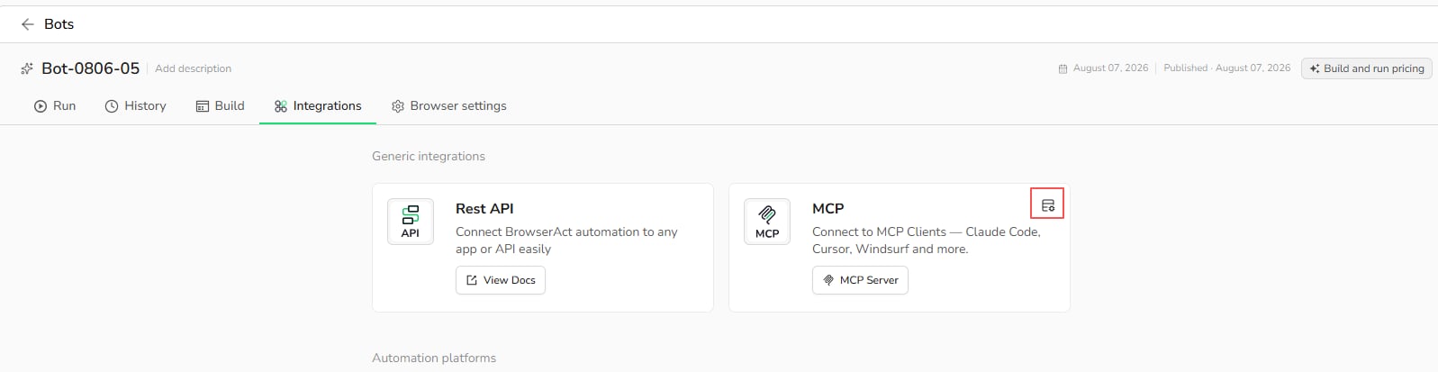 Open Agent Built MCP Tool settings